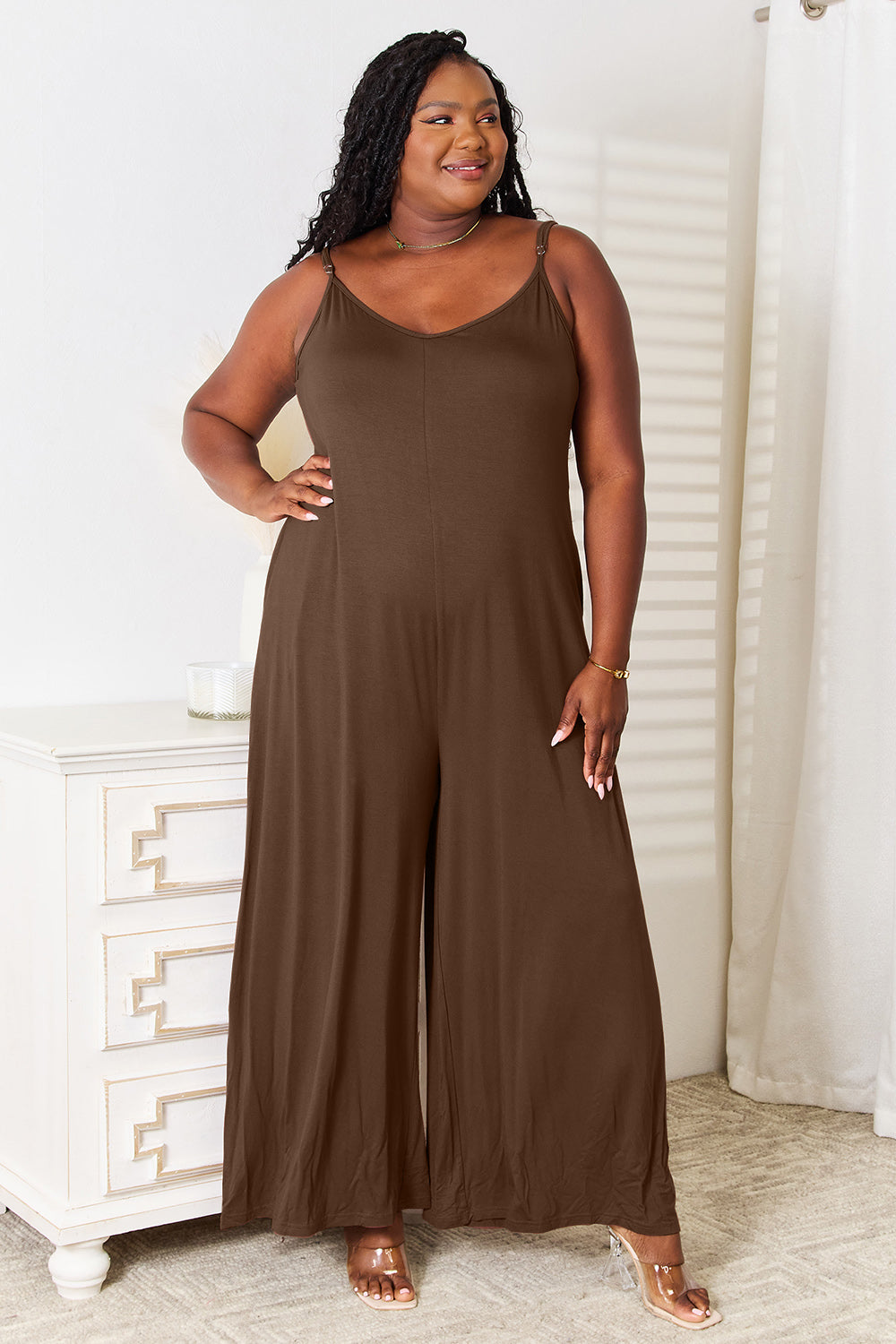 Impressive Spaghetti Strap and Wide Leg Jumpsuit (Plus)