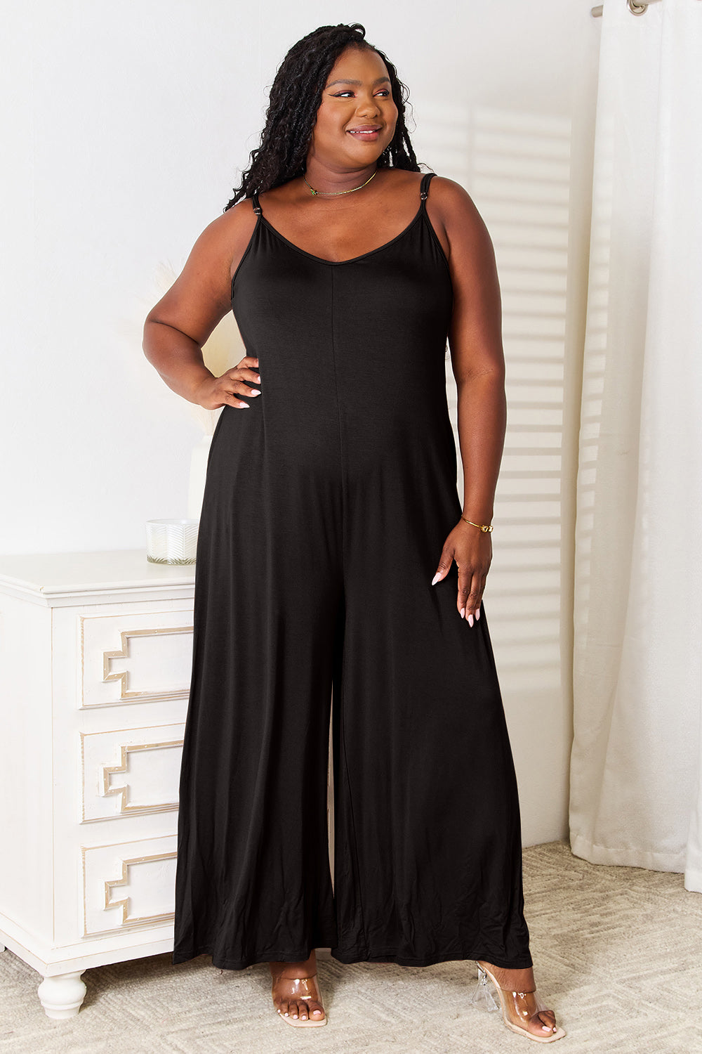 Impressive Spaghetti Strap and Wide Leg Jumpsuit (Plus)