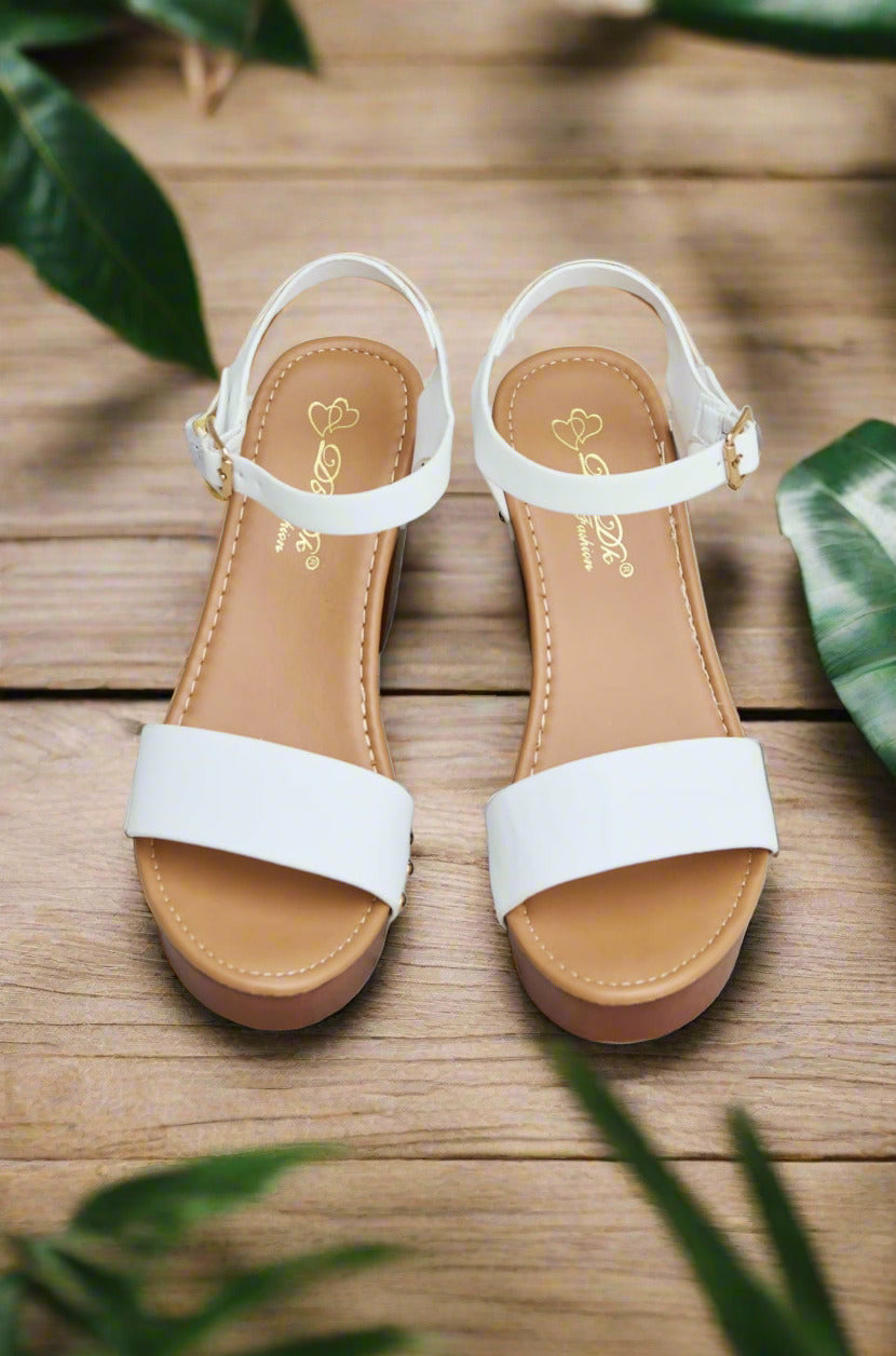 Wooden Platform Strap Heels in White