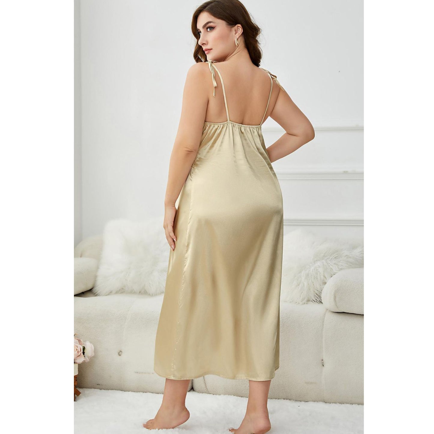 Back of Model wearing plus size yellow spaghetti strap nightgown