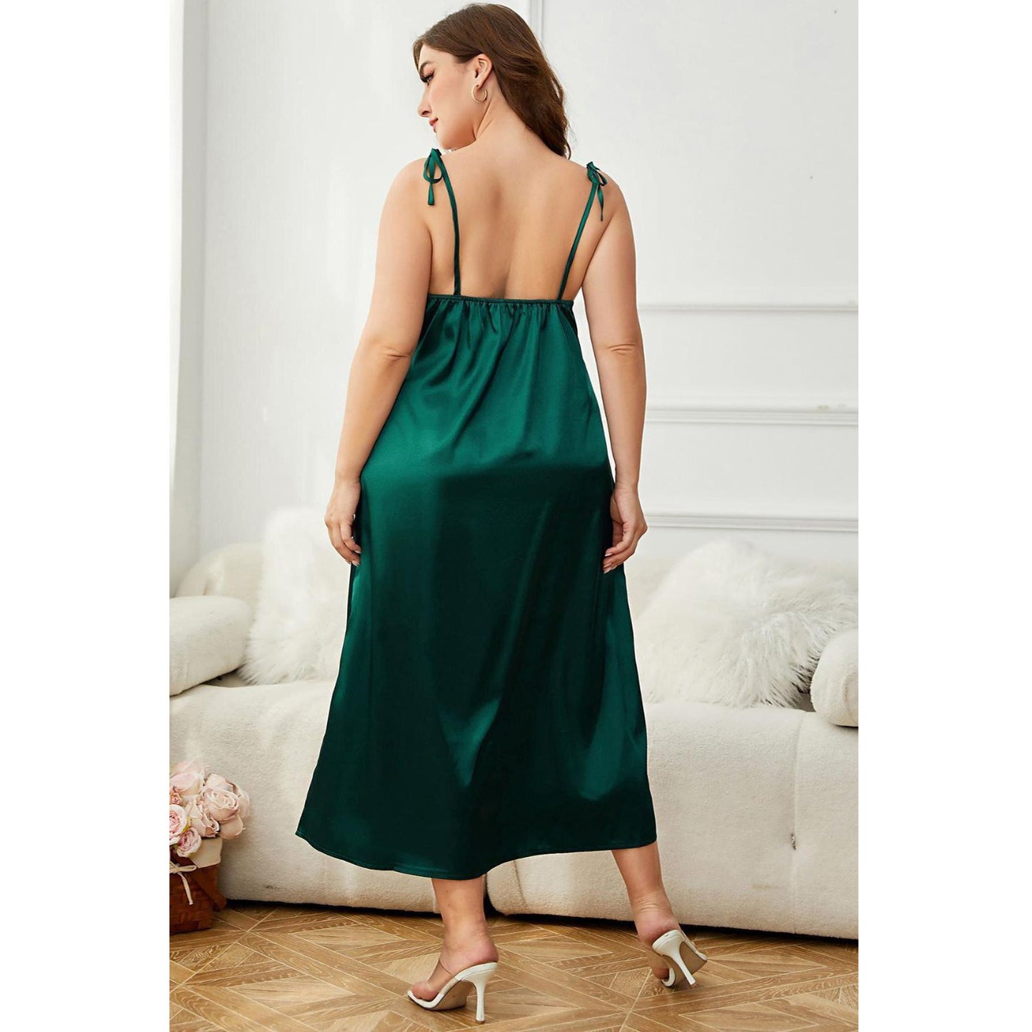Back of Model wearing plus size green spaghetti strap nightgown