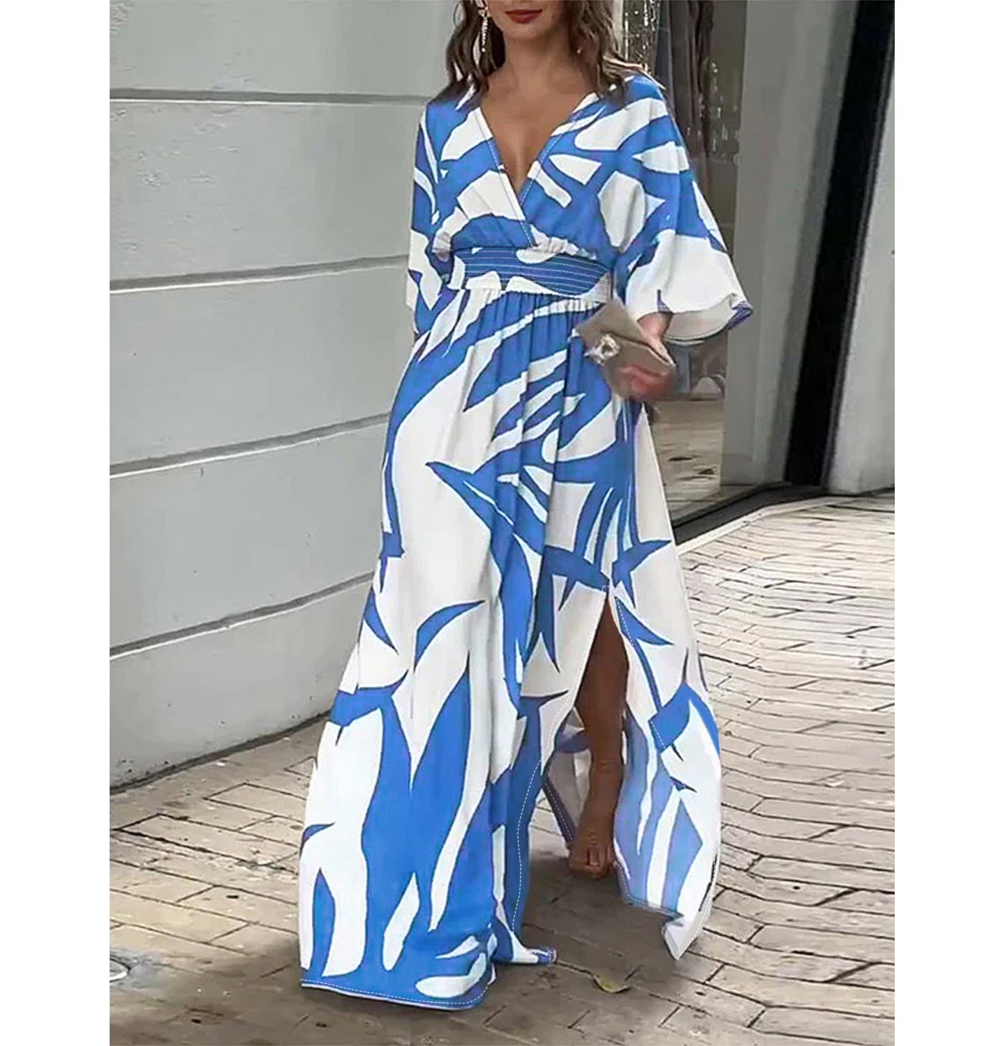 Model wearing blue and white lounge dress