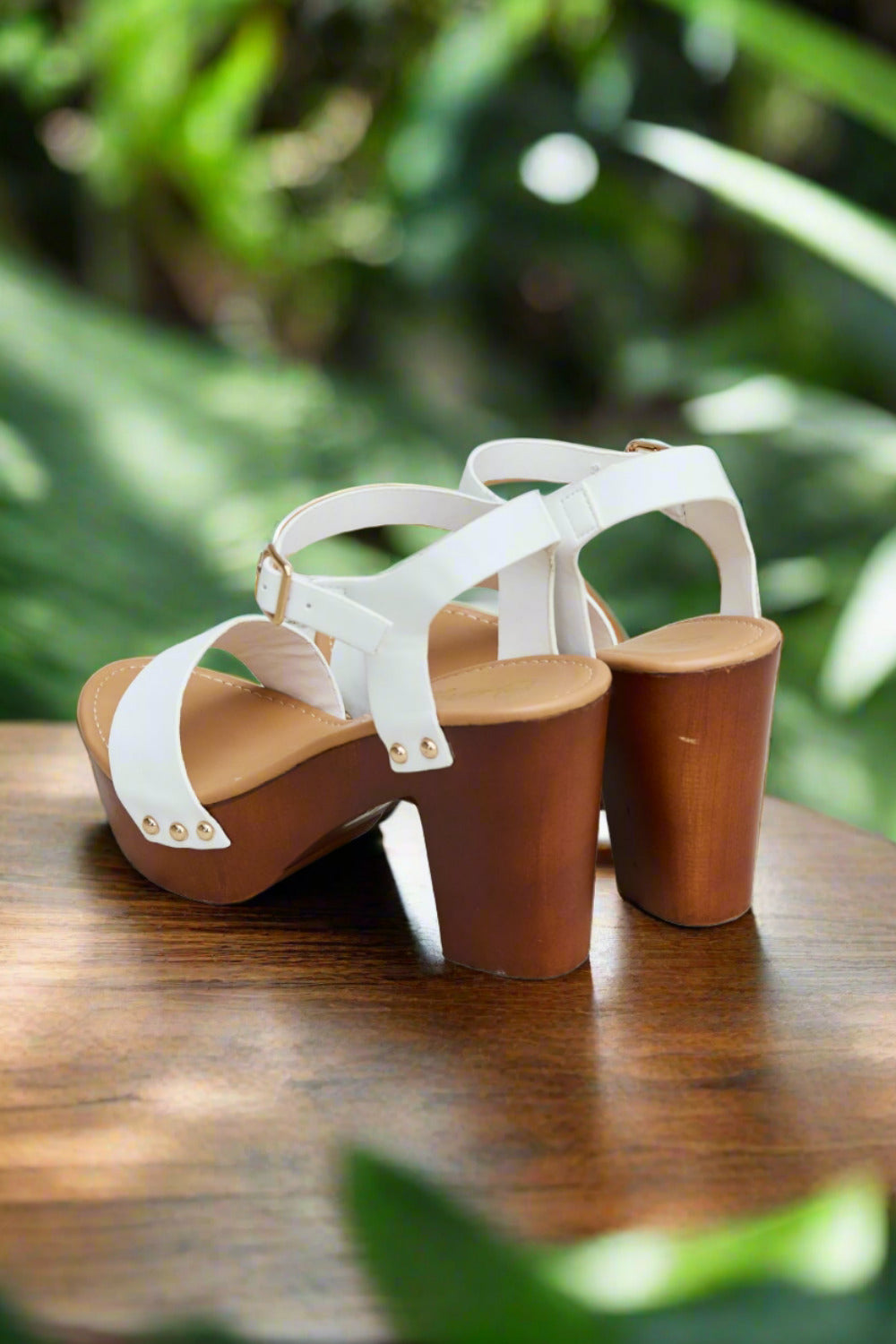 Wooden Platform Strap Heels in White