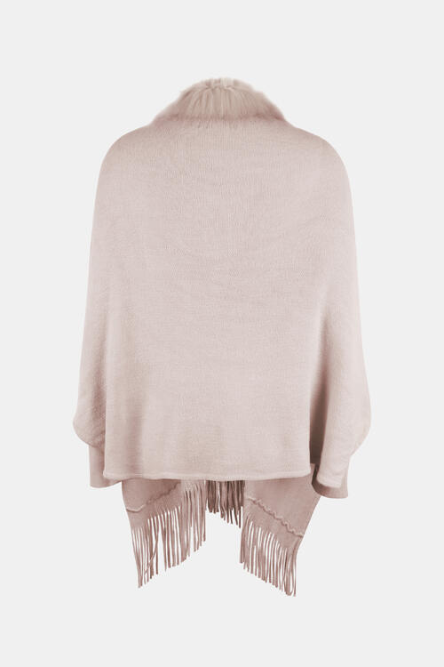 Back of Fur trimmed open front poncho in pink