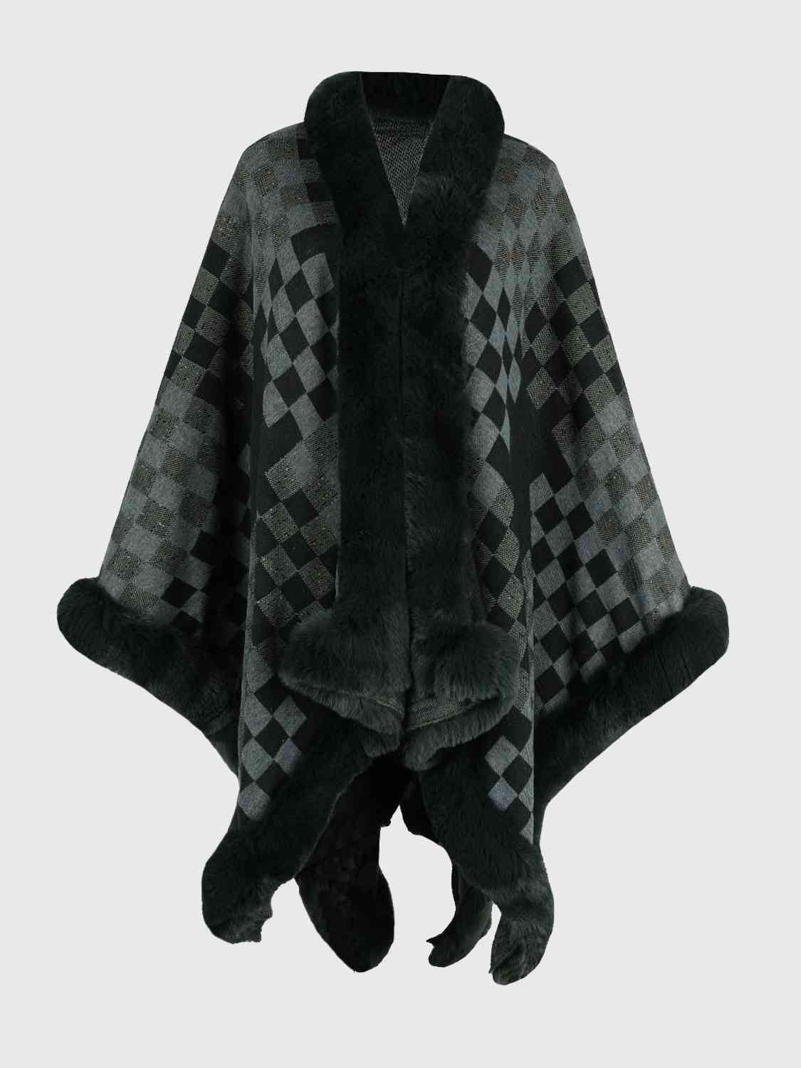 checkered poncho with faux fur trim