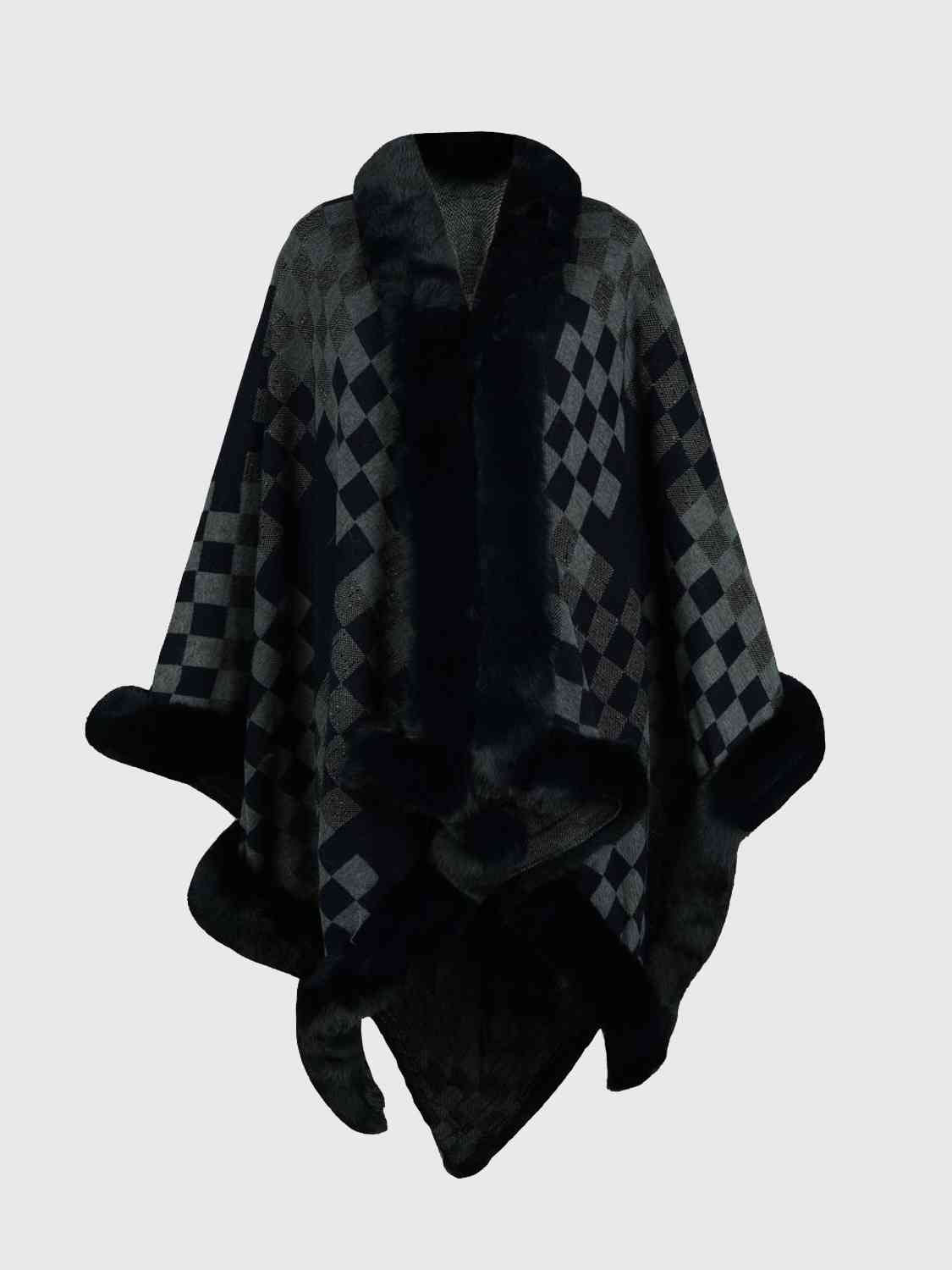 checkered poncho with faux fur trim