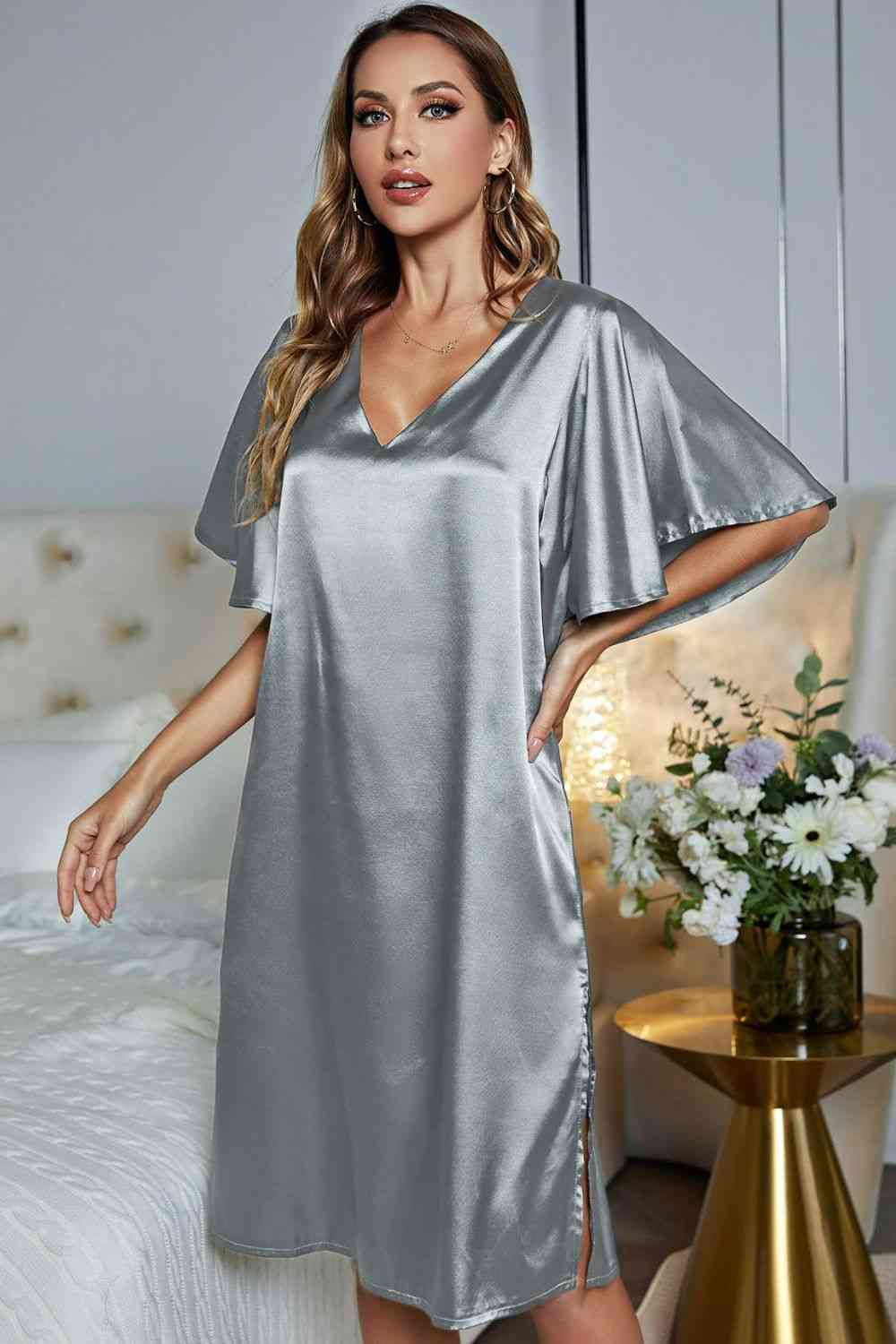 Model wearing silver knee length nightgown