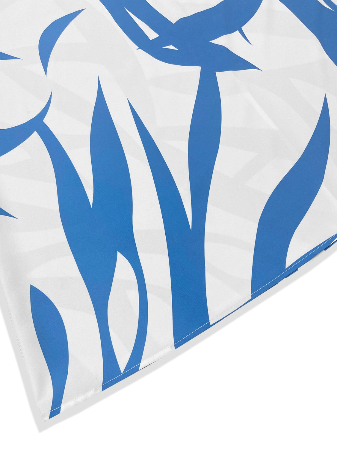 Close up of fabric pattern for blue and white lounge dress
