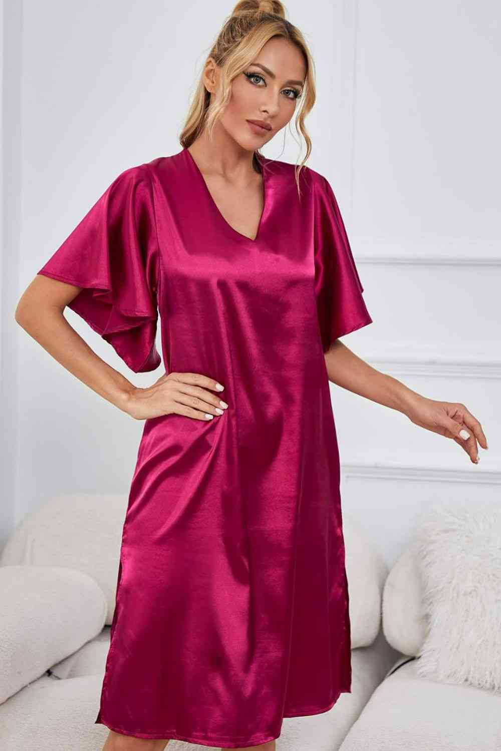 Model wearing pink knee length nightgown