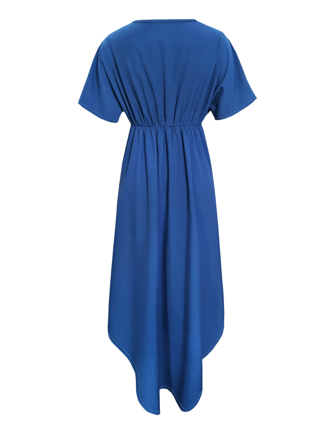 Back of blue short sleeve high low blouse