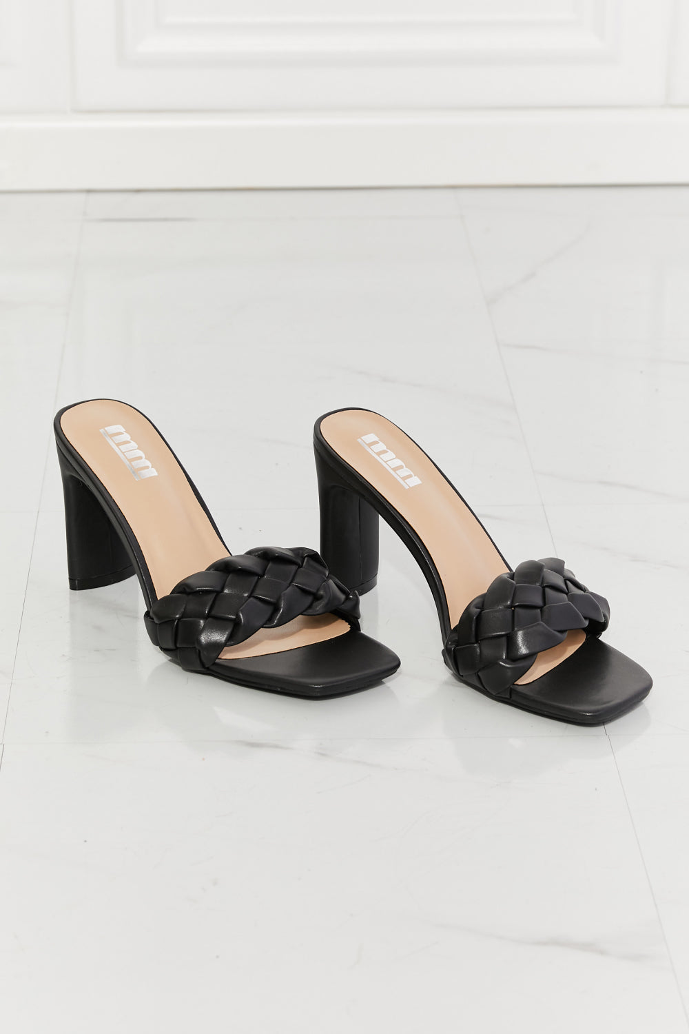 black sandals with braided strap and 4 inch heels