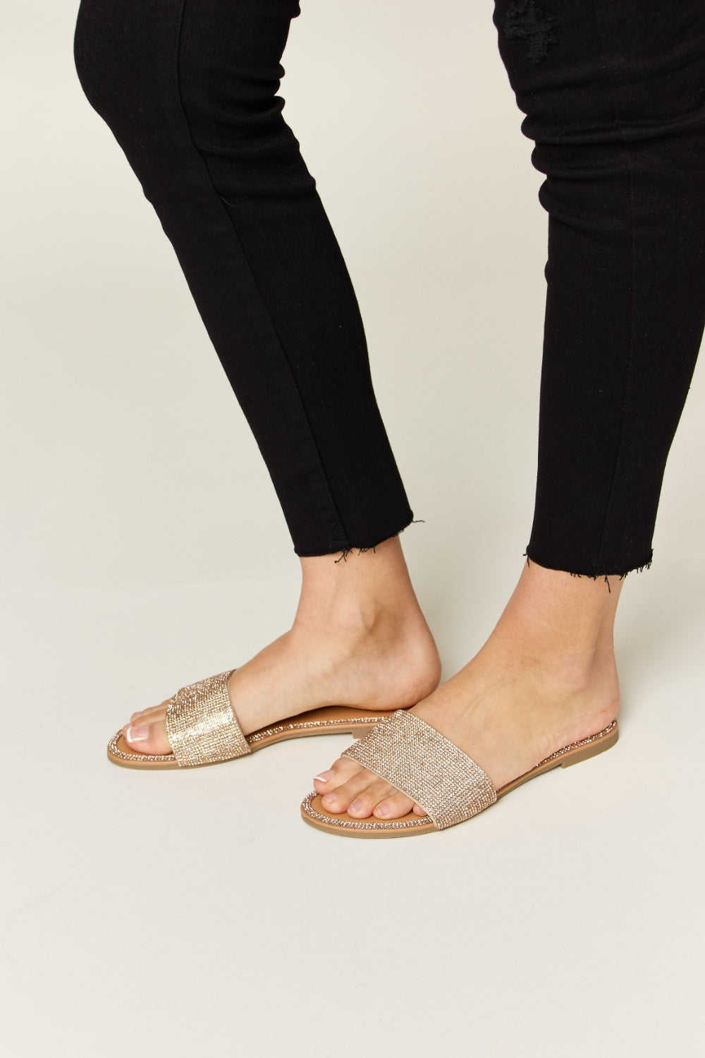 Wild Diva Rose Gold Open Toe Rhinestone Flat Sandals