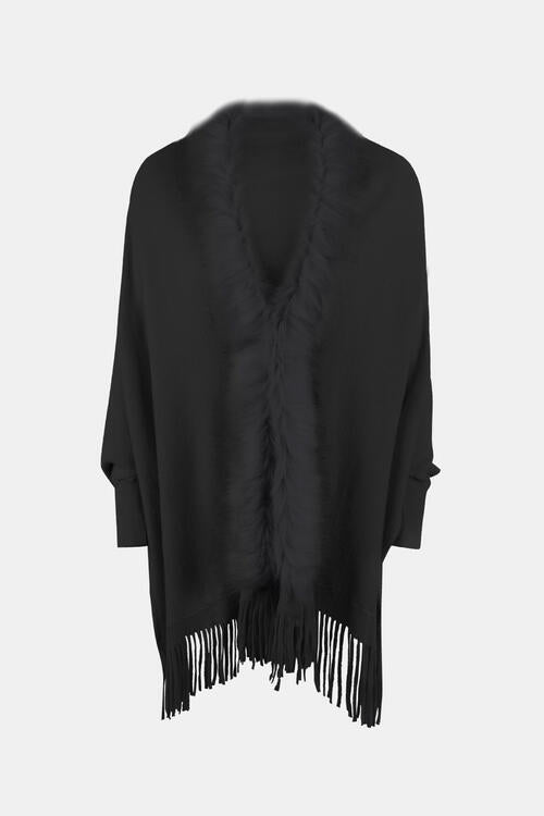 Fur trimmed open front poncho in black