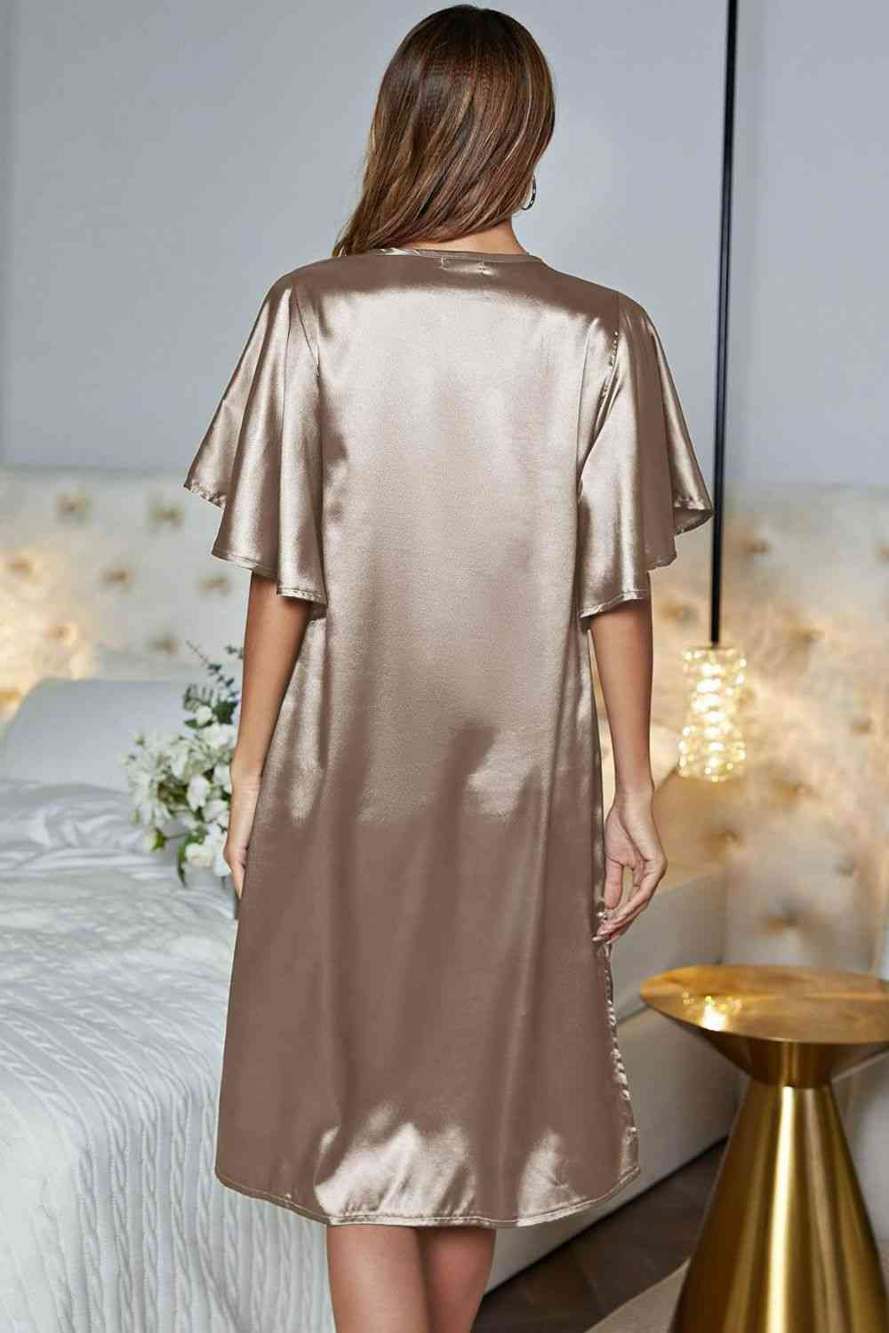 back of Model wearing khaki knee length nightgown