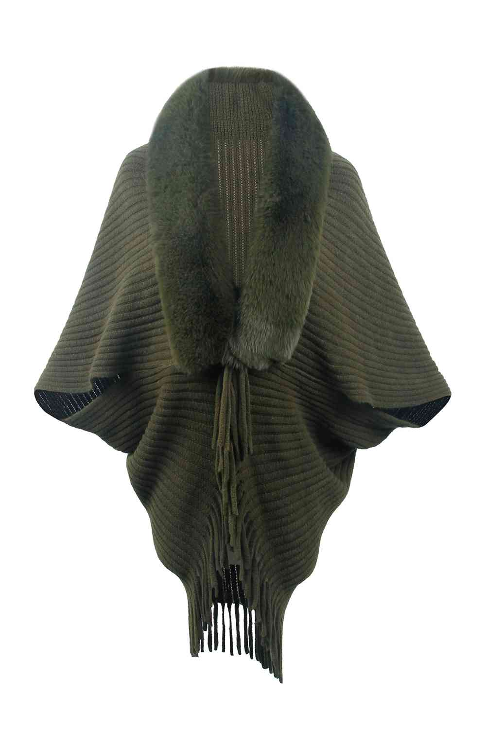 Green open front poncho with fringe and faux fur trim