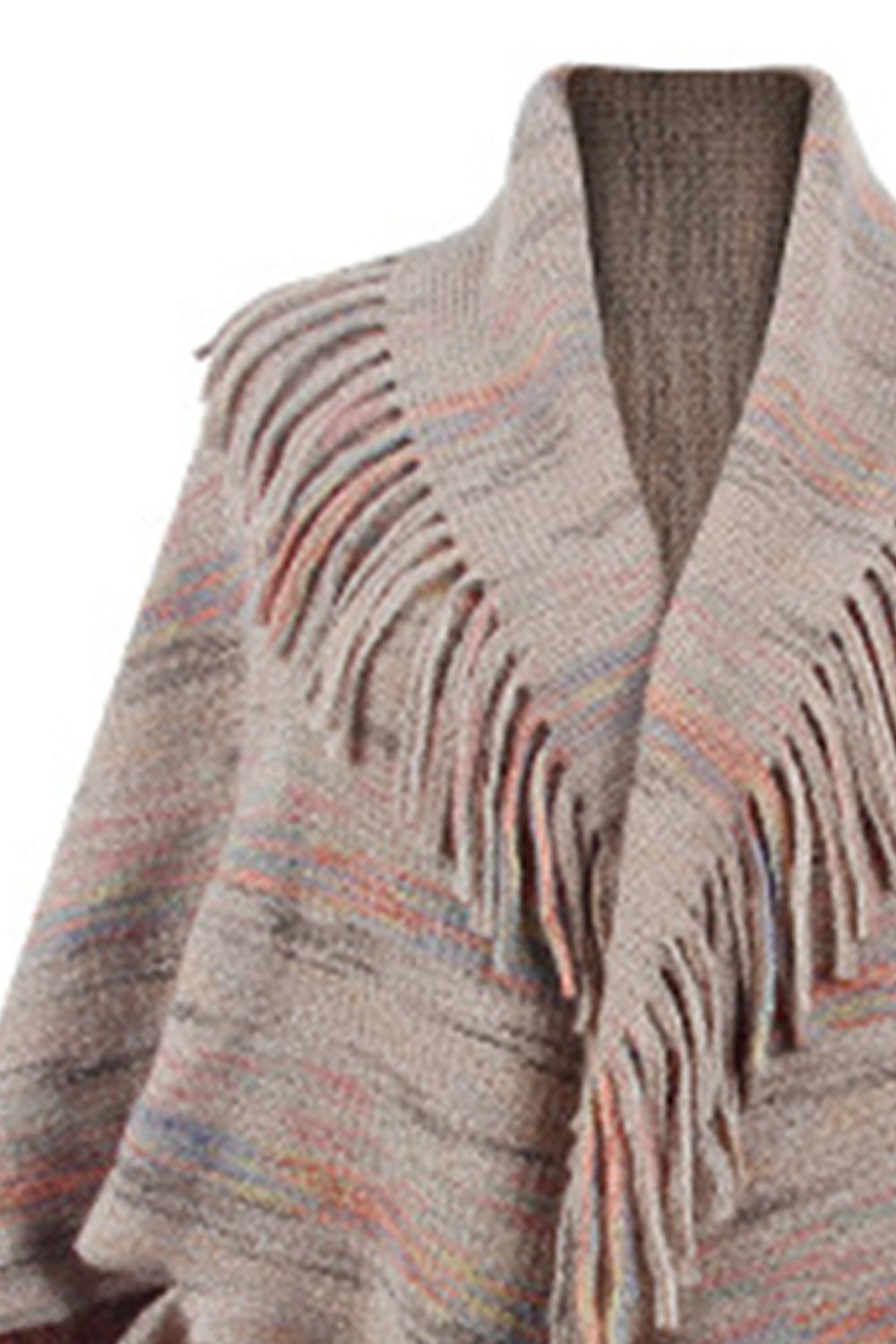 Close up of chocolate open front fringe poncho