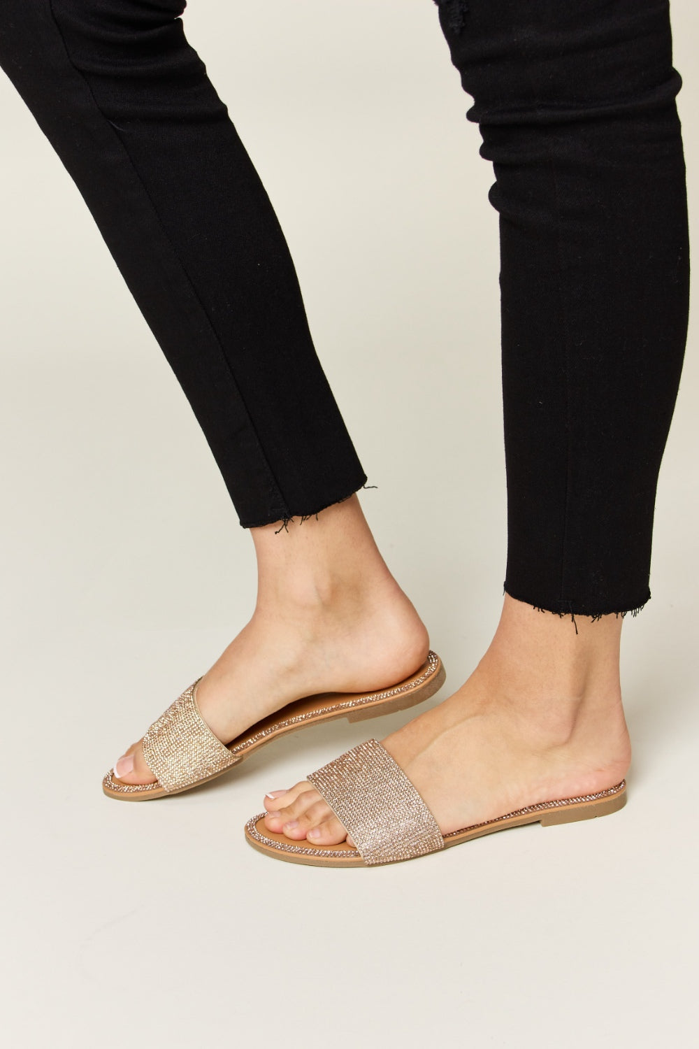 Wild Diva Rose Gold Open Toe Rhinestone Flat Sandals