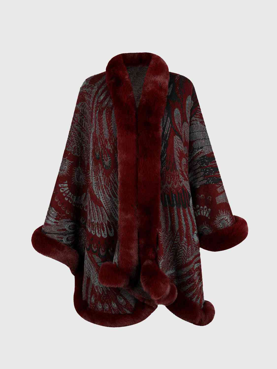 Printed open front poncho with faux fur trim