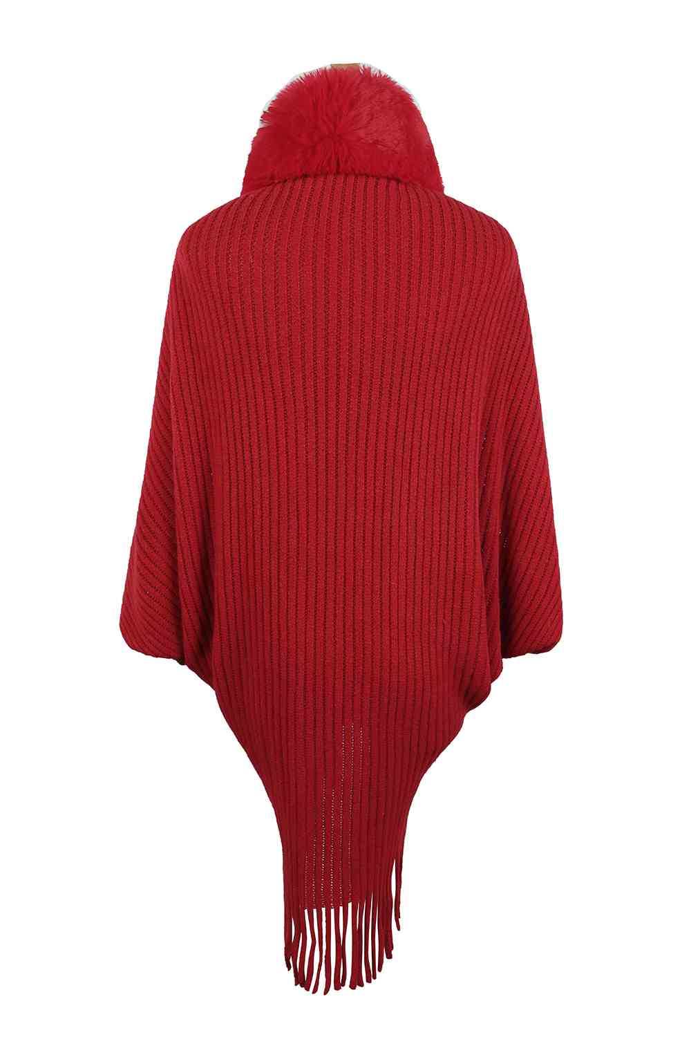 Back of red open front poncho with fringe and faux fur trim