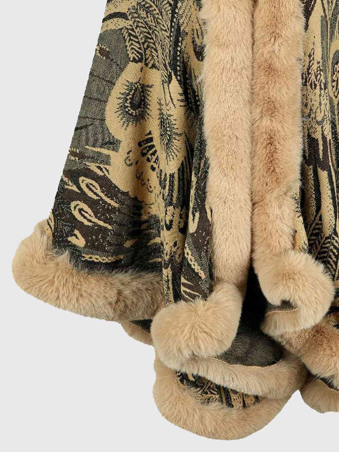 close up of Printed open front poncho with faux fur trim