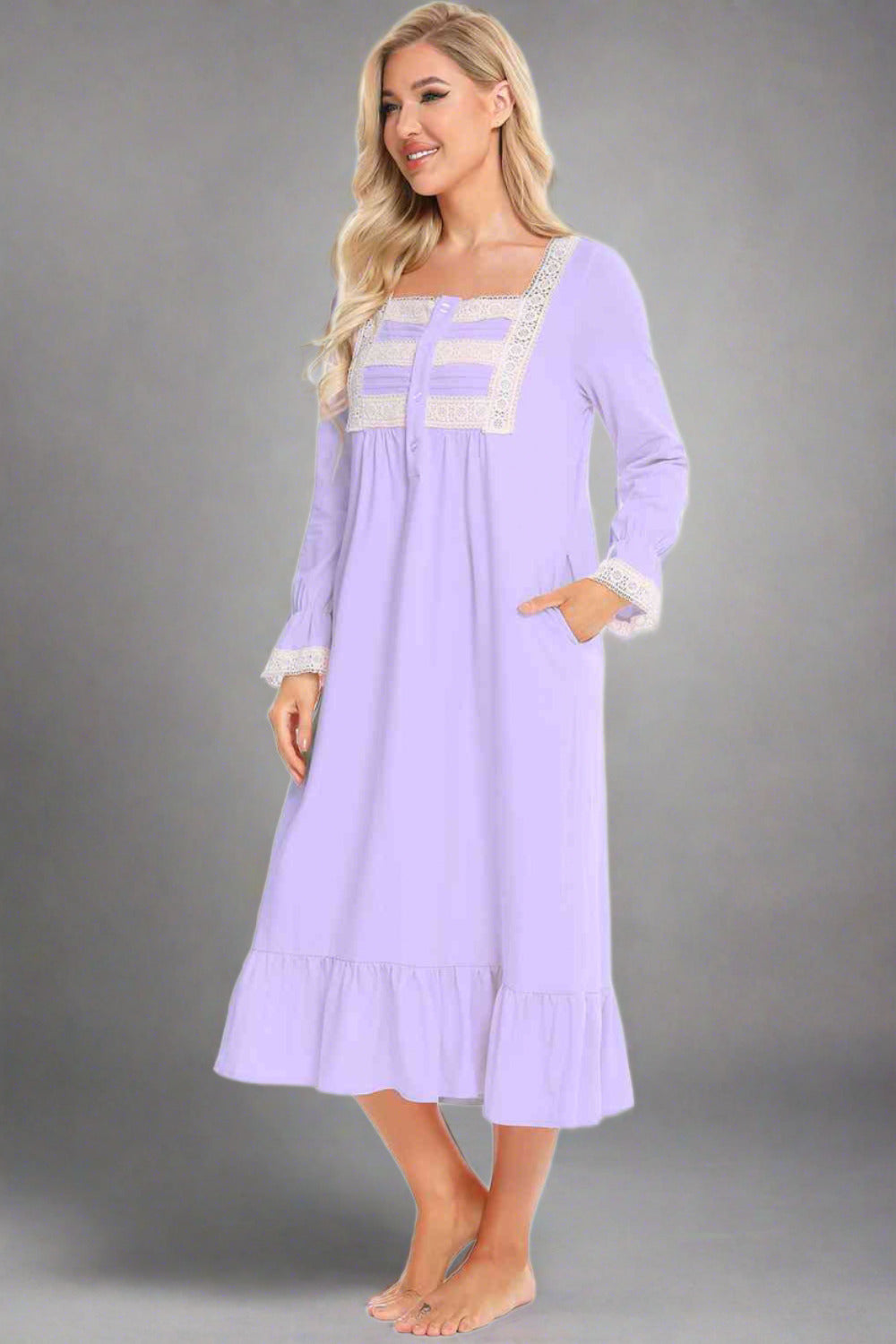 Model wearing traditional long sleeve lavender nightgown