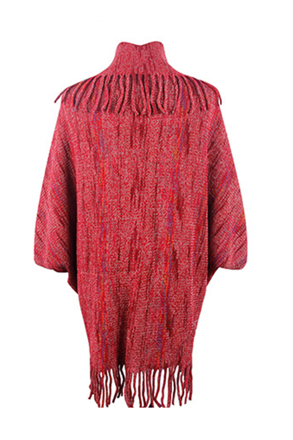 Back of wine color open front fringe poncho