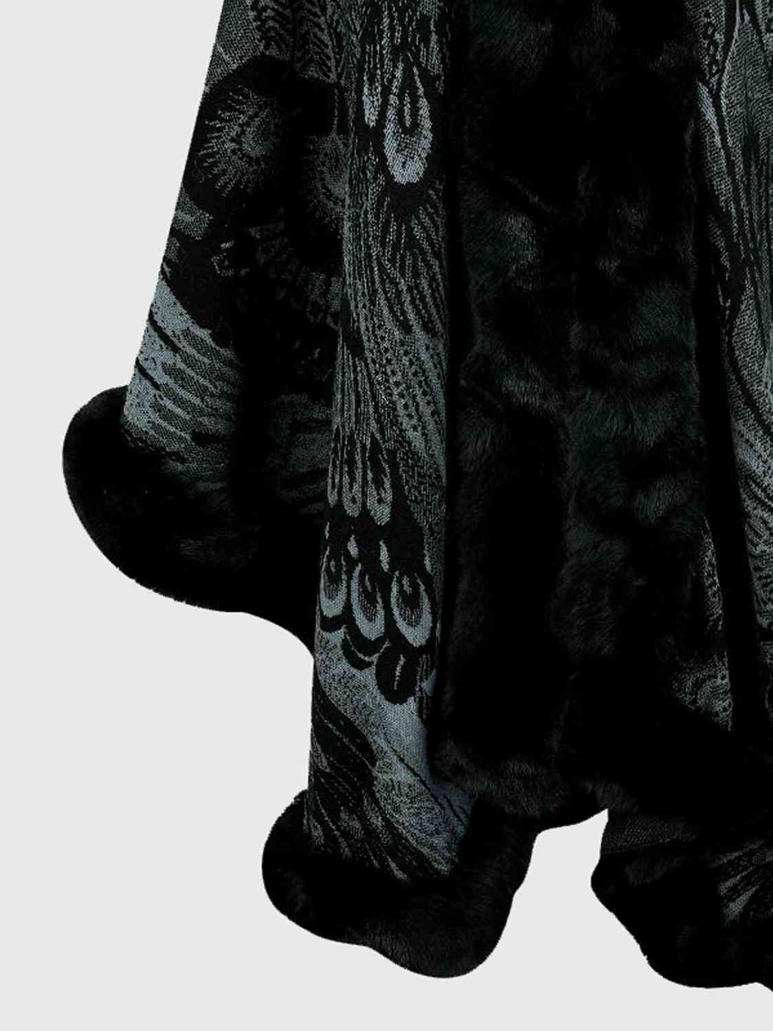 closer view of Printed open front poncho with faux fur trim