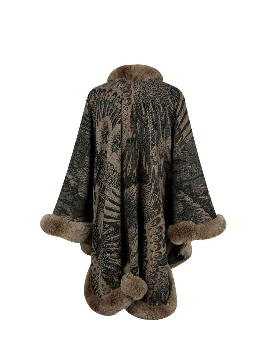 back of Printed open front poncho with faux fur trim