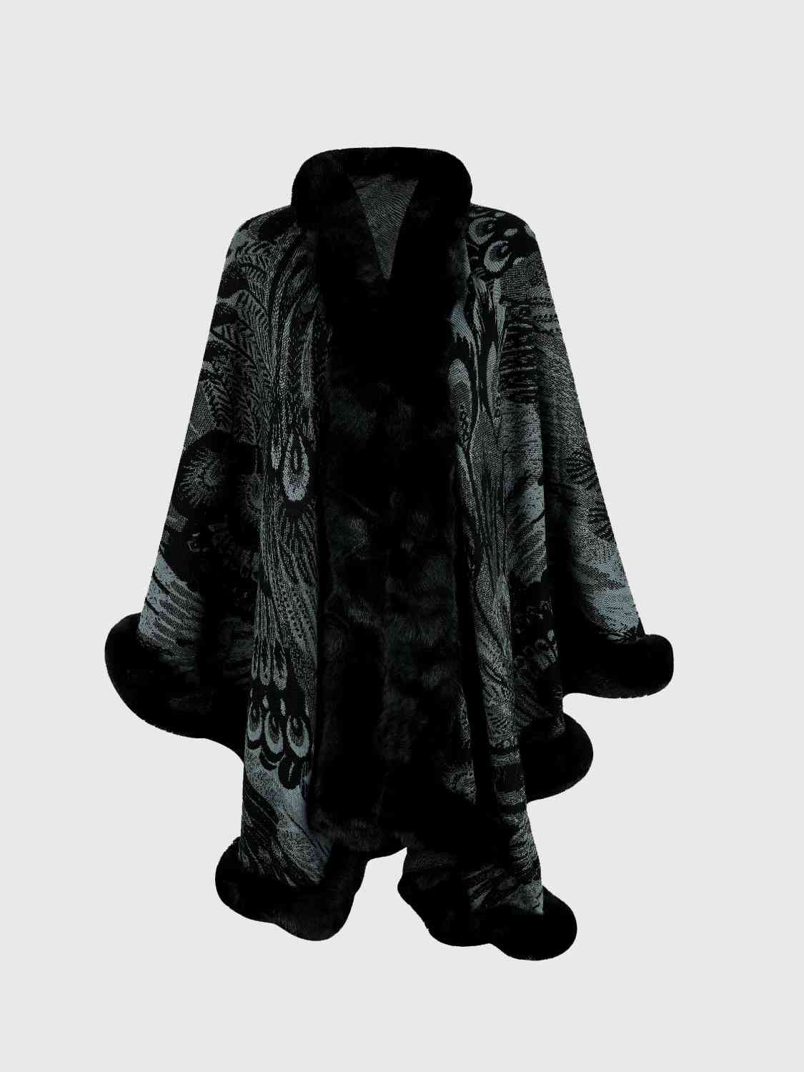 Printed open front poncho with faux fur trim