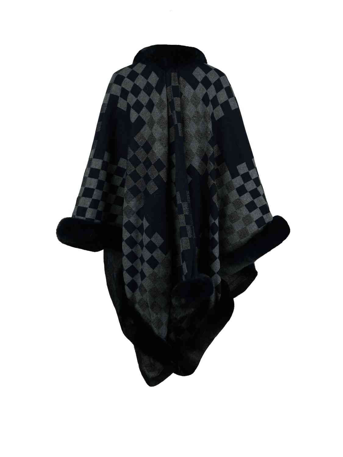 back of checkered poncho with faux fur trim
