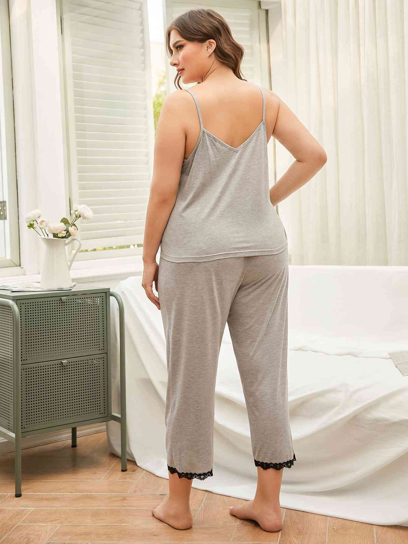 Back of Model wearing gray spaghetti strap pajama set