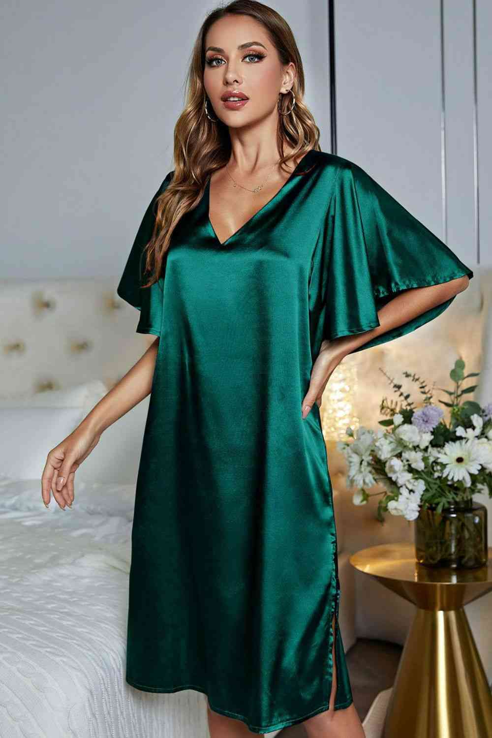 Model wearing green knee length nightgown