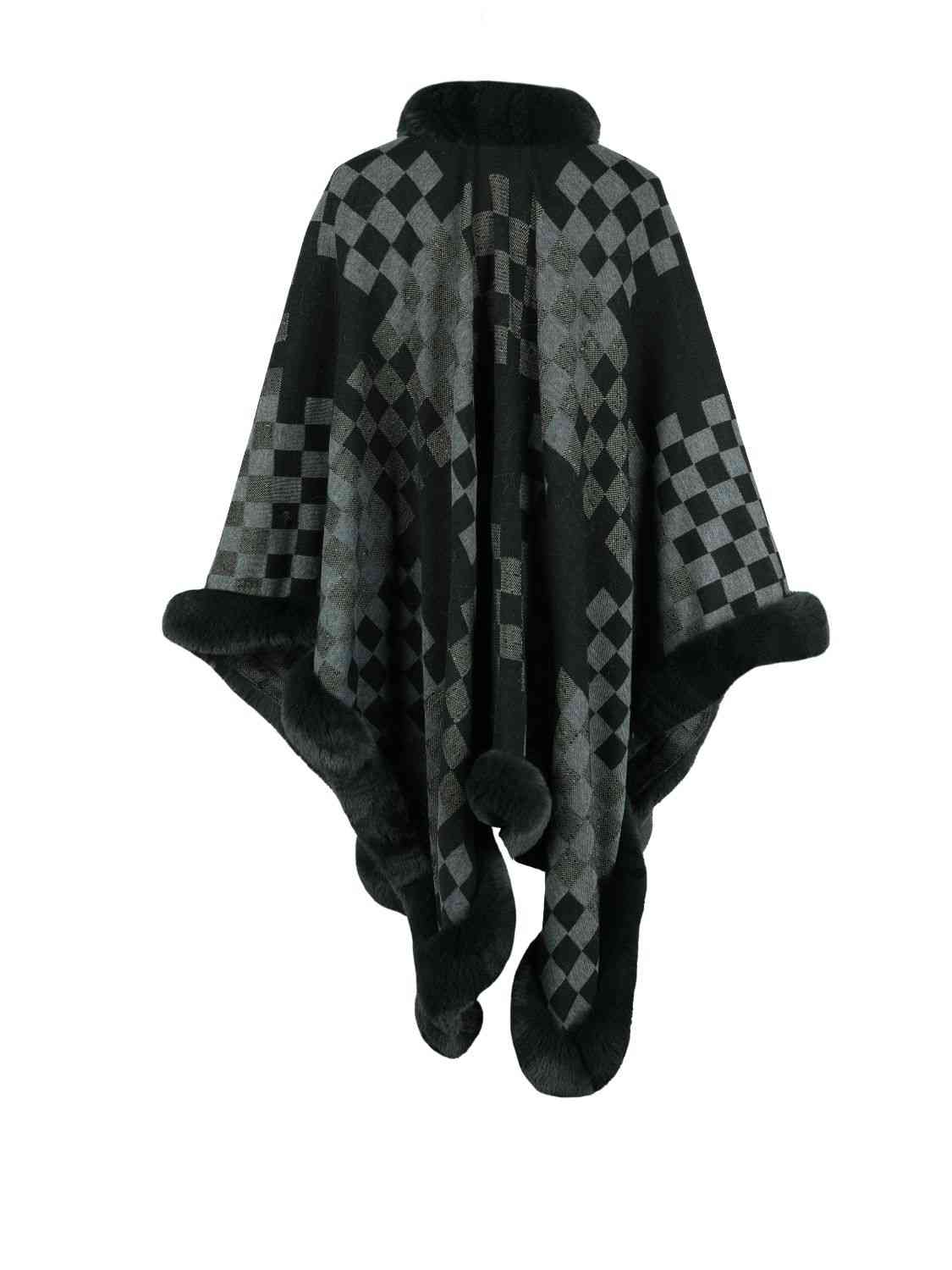 back of checkered poncho with faux fur trim