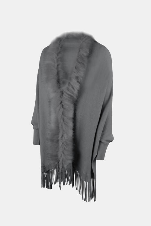 Fur trimmed open front poncho in charcoal
