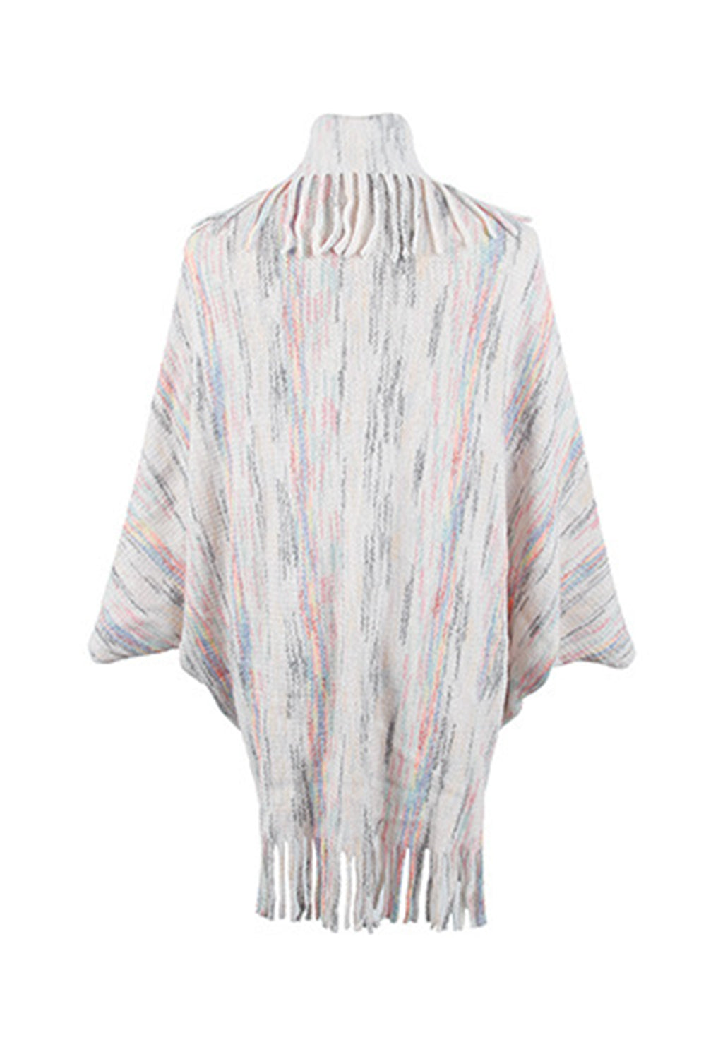 Back of open front ivory fringe poncho