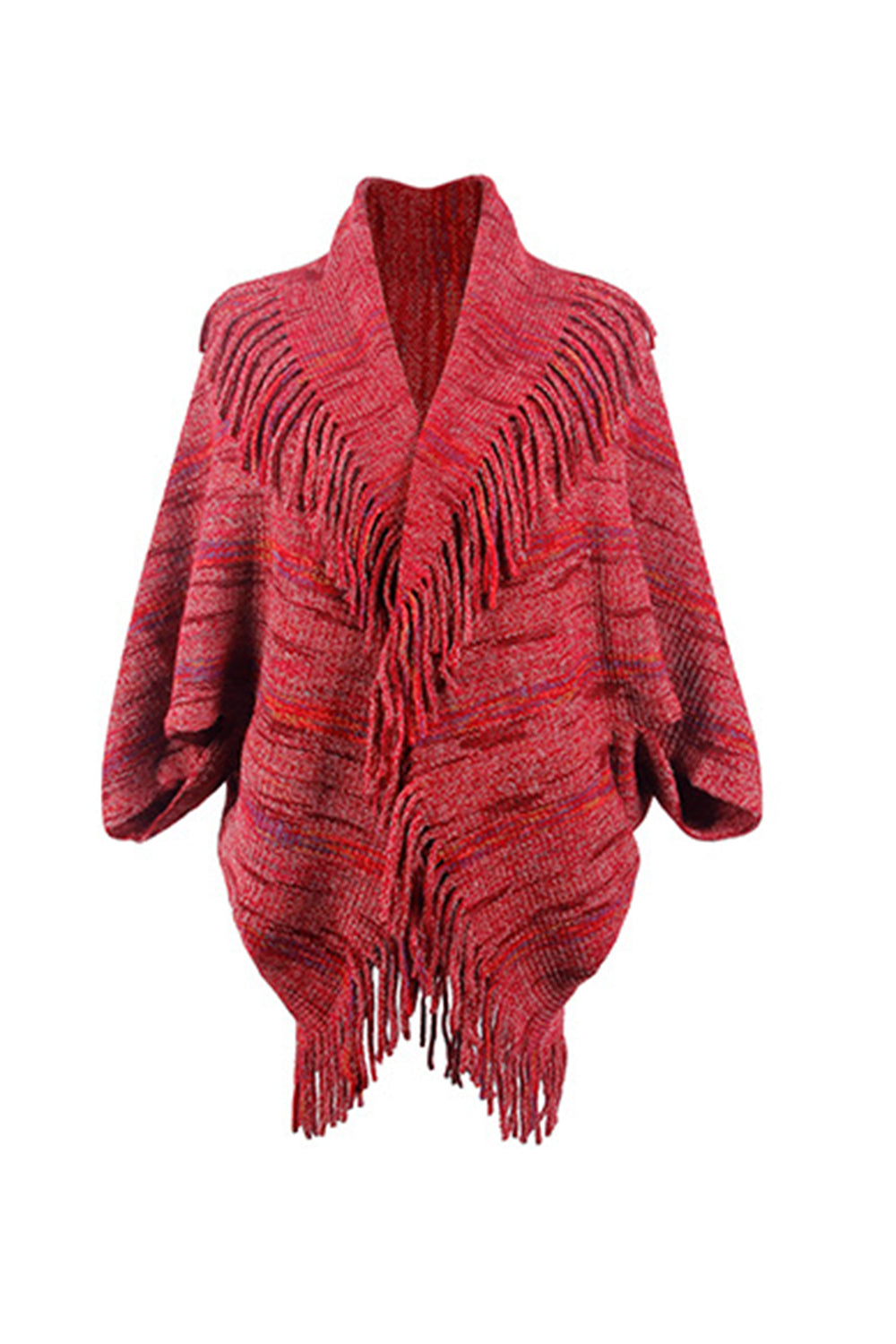 Wine color open front fringe poncho