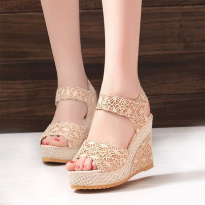 Lace Detail Open Toe Wedge Heel Sandals