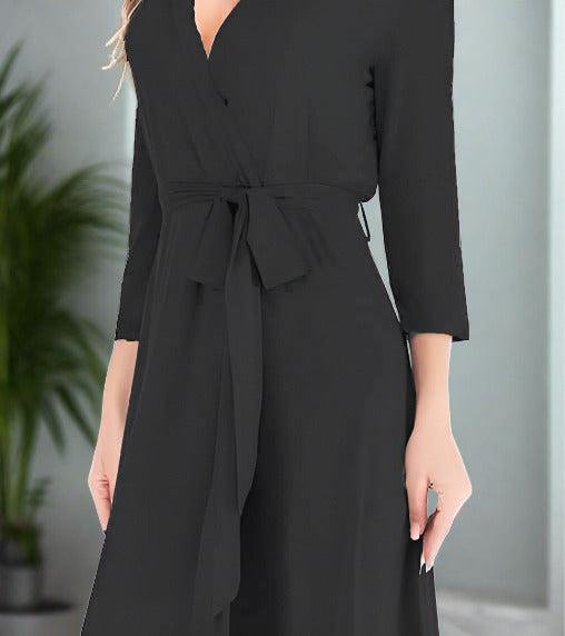 Model wearing black lounge dress