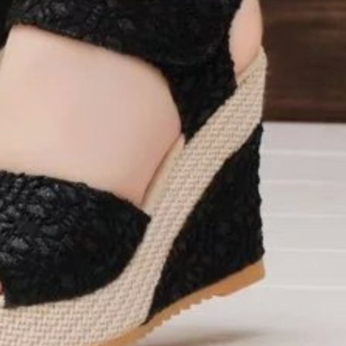 Lace Detail Open Toe Wedge Heel Sandals