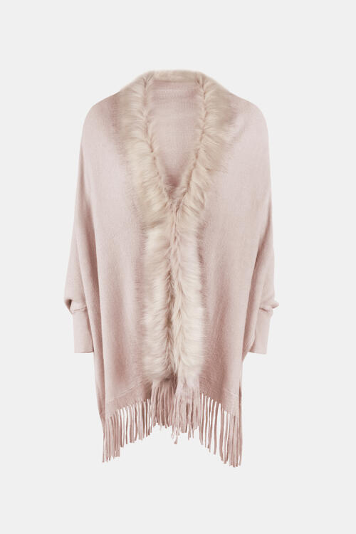 Fur trimmed open front poncho in pink