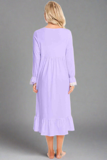 Back of Model wearing traditional long sleeve lavender nightgown
