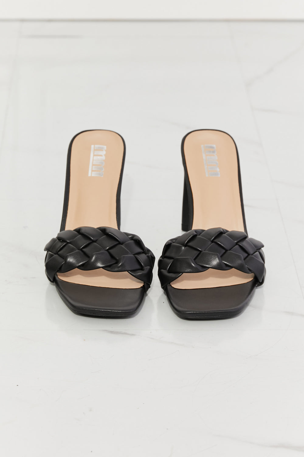 black sandals with braided strap and 4 inch heels