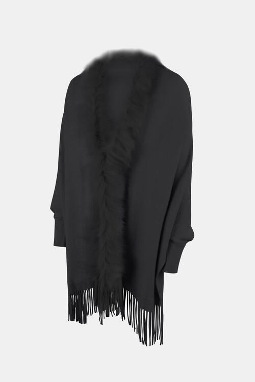 Fur trimmed open front poncho in black