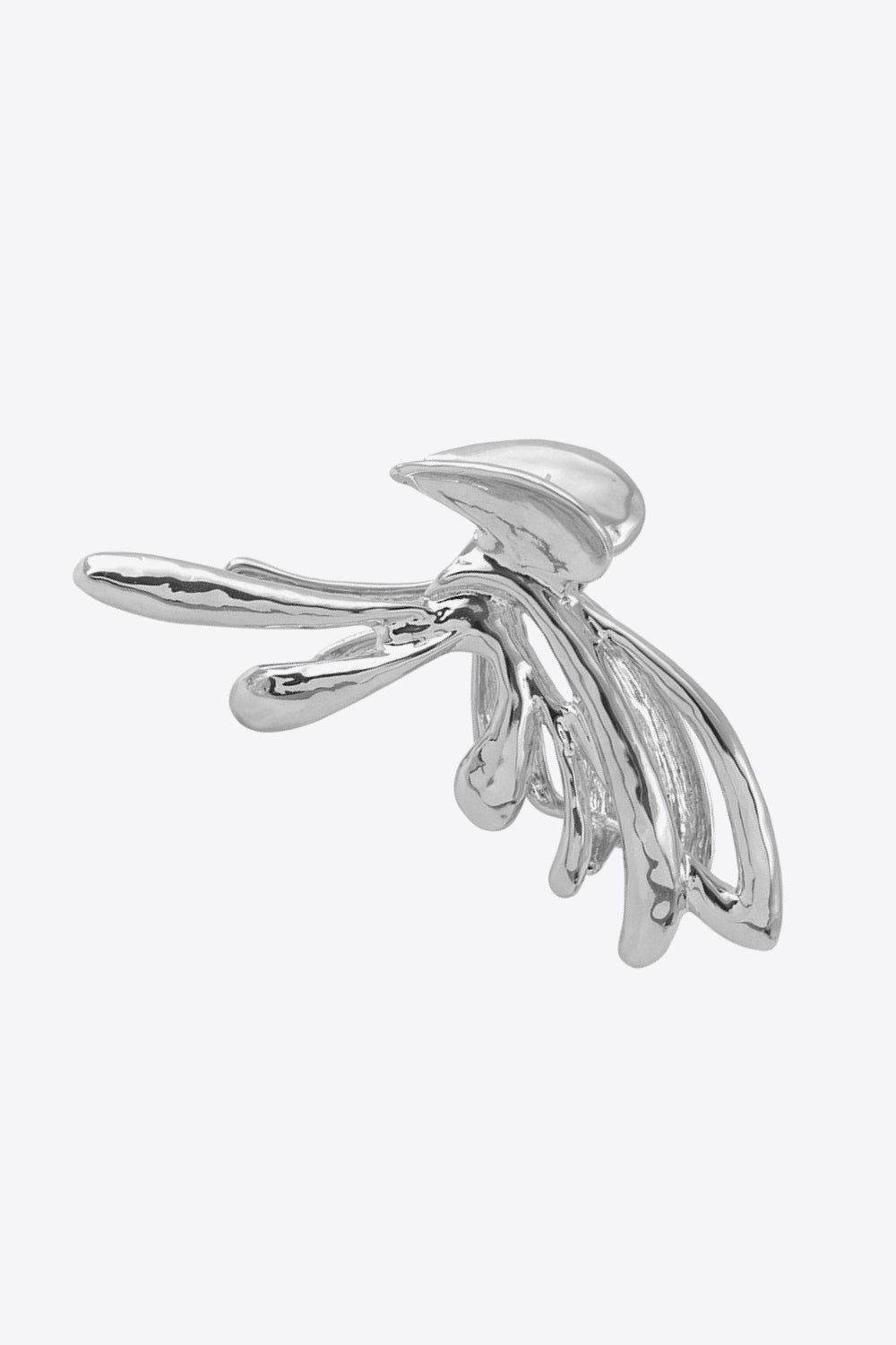 Angled view of silver color polished butterfly claw clip
