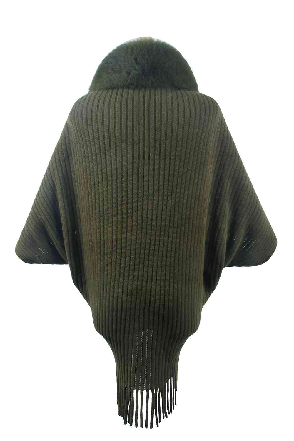 Back of green open front poncho with fringe and faux fur trim