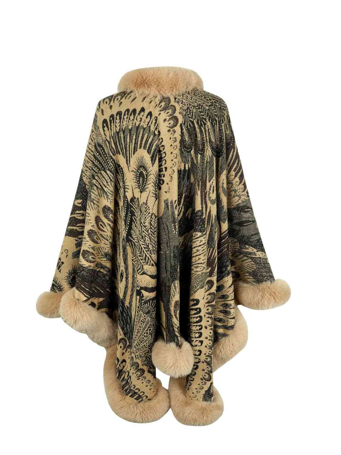 back of Printed open front poncho with faux fur trim