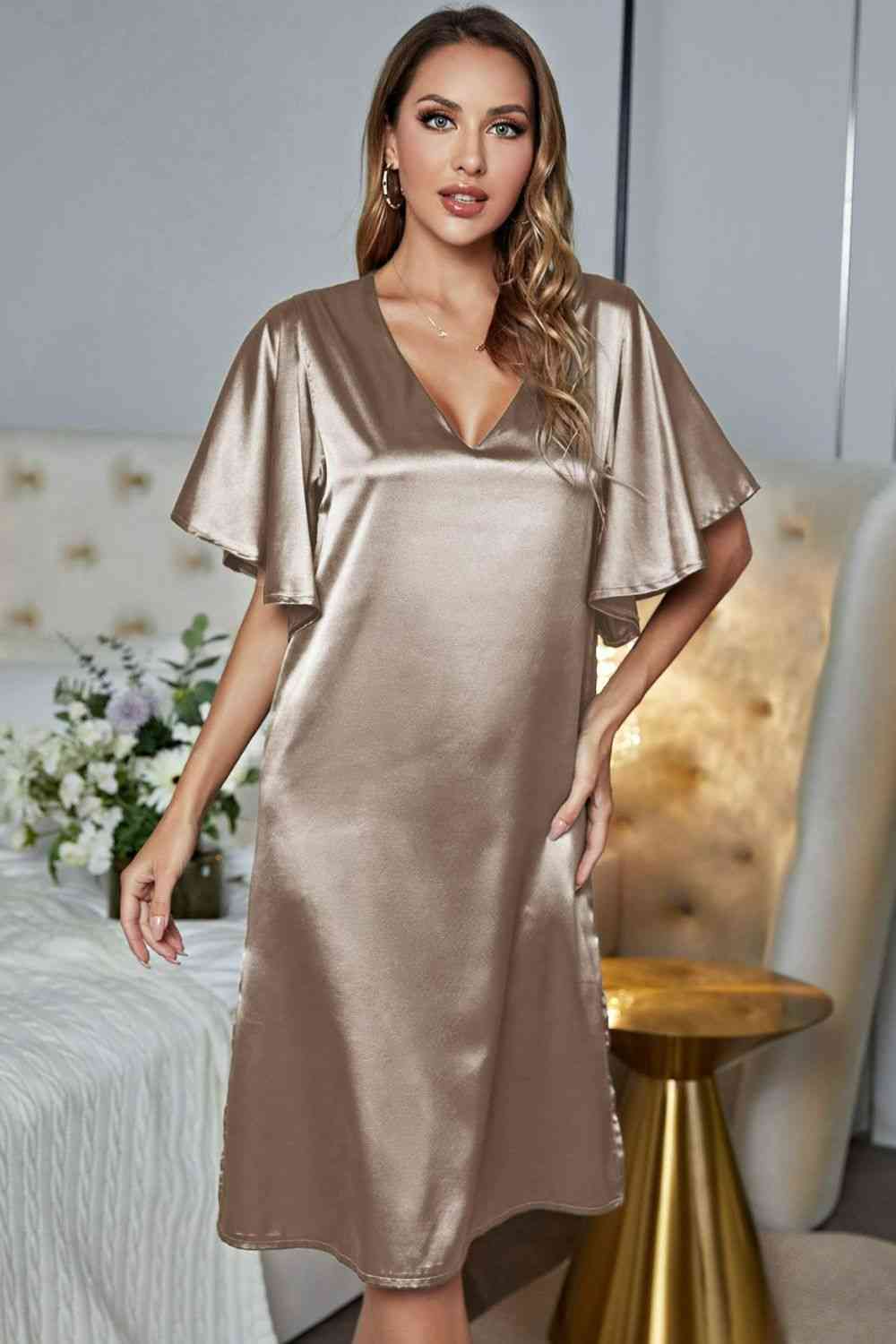 Model wearing khaki knee length nightgown