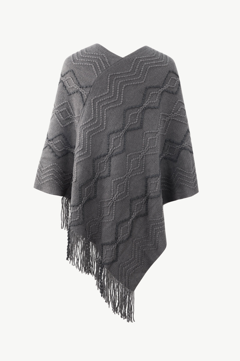 Back of Gray poncho with faux pearl and fringe trim