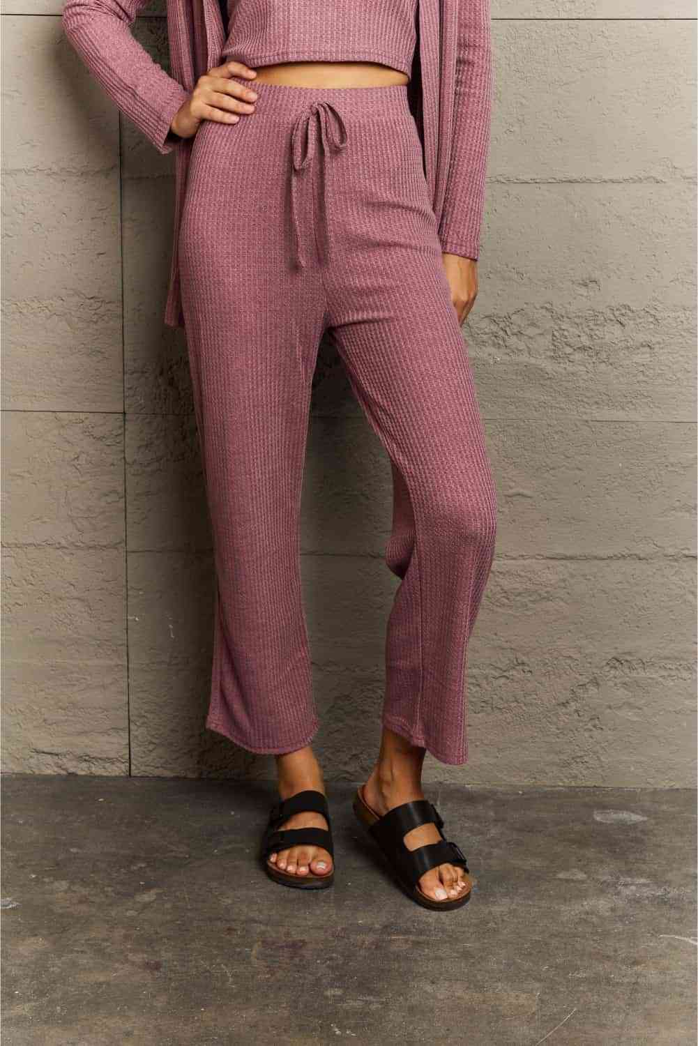 Closer view of pants from 3 piece lounge set in mauve