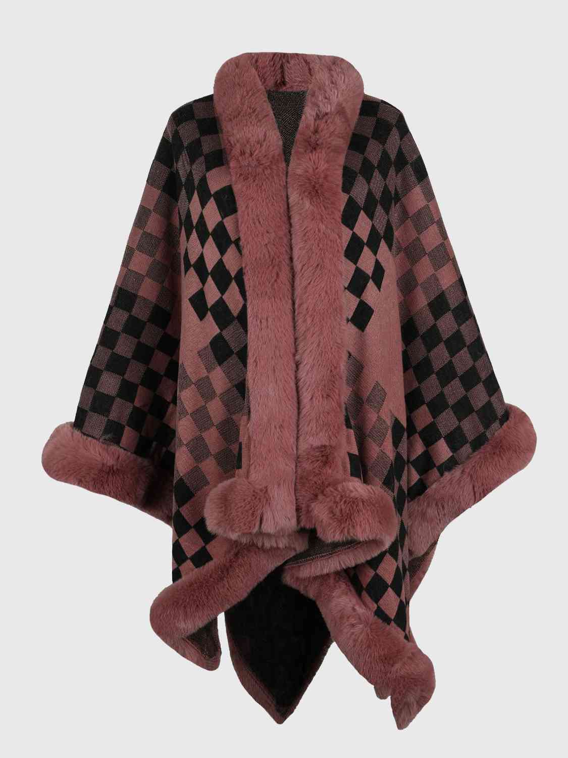 checkered poncho with faux fur trim